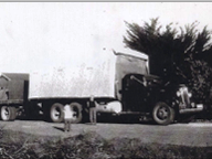 John Law Smith’s father drove this truck and trailer to haul limestone products to Southern Pacific boxcars.